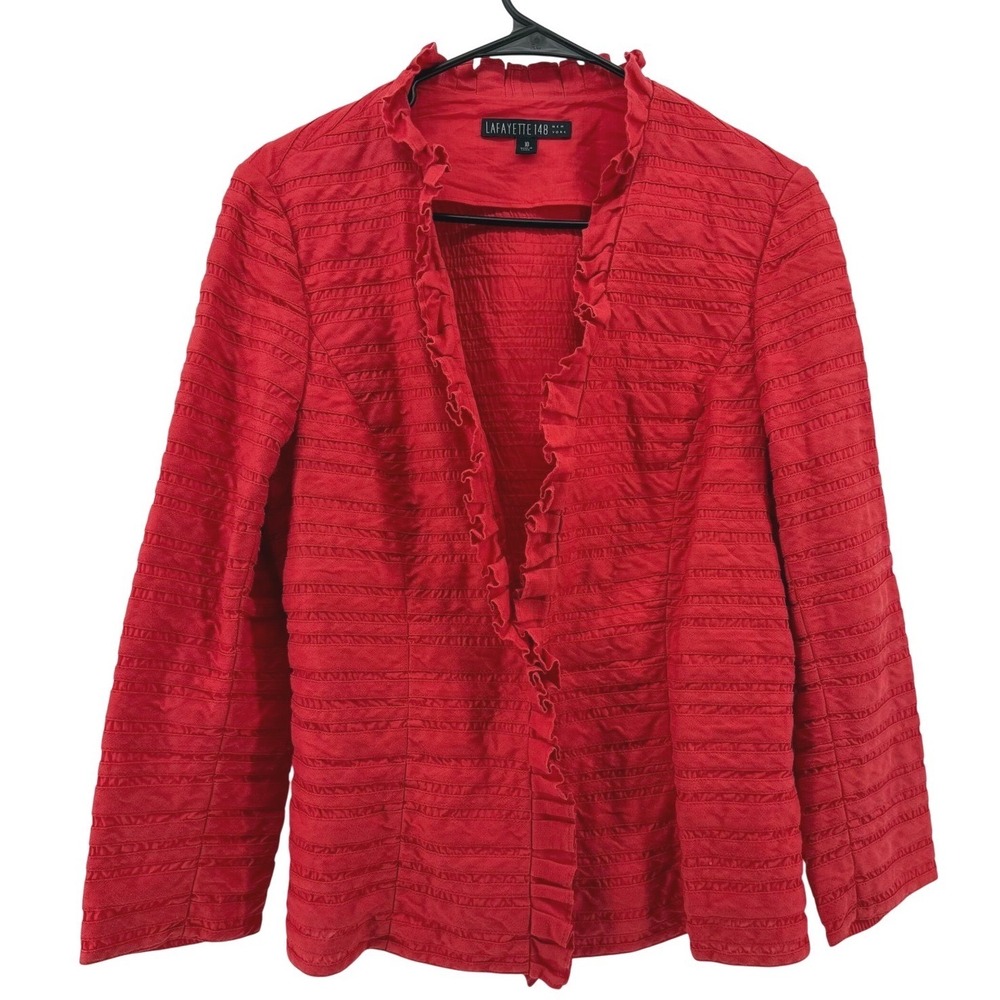 Lafayette 148 New York Linen Cotton Red Textured Ruffle Collar Jacket Size 10